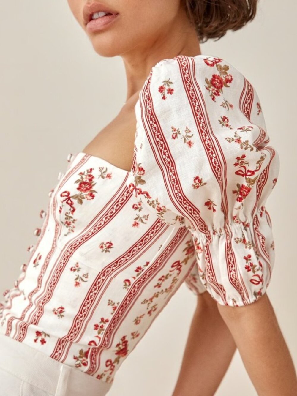 Reformation Linen Norton Floral Puff Sleeve Vienna Crop 0 NWT - Picture 3 of 11